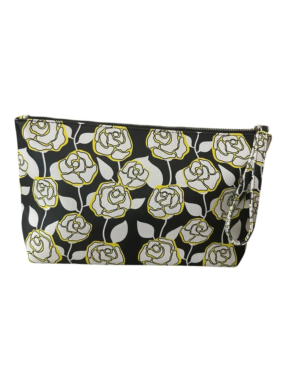 Betsey Johnson Black, White & Yellow Floral Wristlet Clutch w/ Rose Print Lining